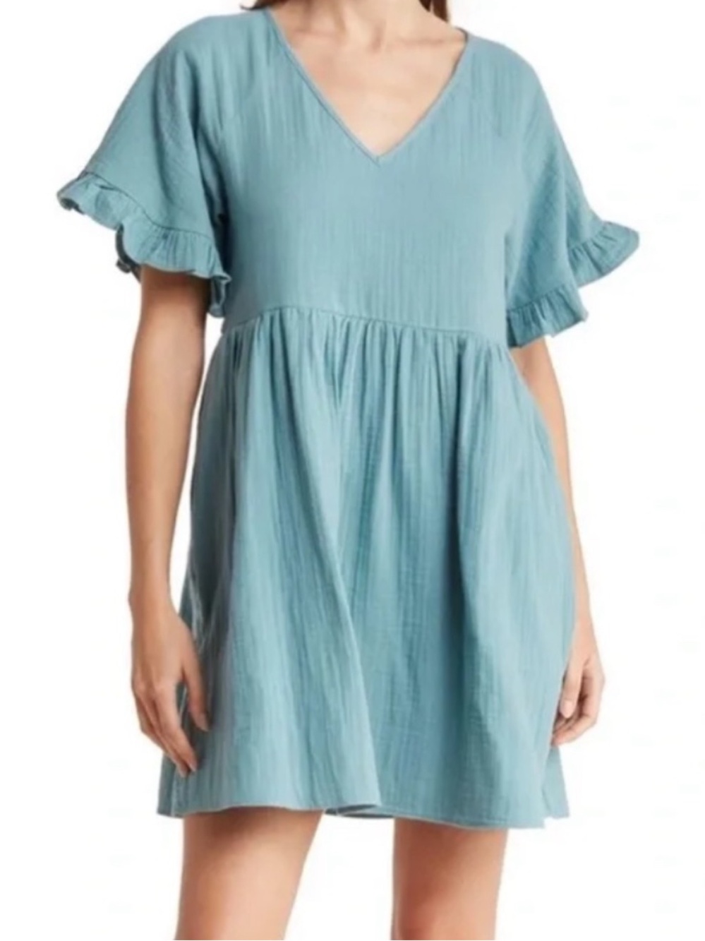 Madewell Ruffle-Sleeve Gauze Mini Dress in Dusty Teal